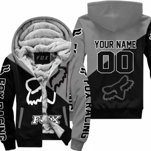 Premium Gift - Custom Name - Fox Racing - Grey - Fleece Zip Hoodie